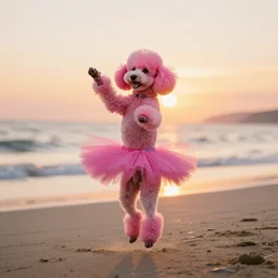 pink poodle, wearing a tutu, dancing on the beach, at sunset