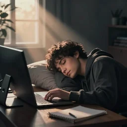 sleepy anonymous art junky at computer at dawn, volumetric lighting, atmospheric