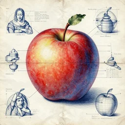 an intensely detailed hyper precise overwhelmingly intuitive technical drawing blueprints on how to teleport an apple. infographic guide by leonardo davinci on crumpled paper