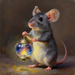 an extremely well painted and super detailed oil painting of a cutest mouse standing on two feet with an intricate round bell - lantern infused with magic of the stars in its hands, professional painting by beeple, dynamic lighting, trending on artstation