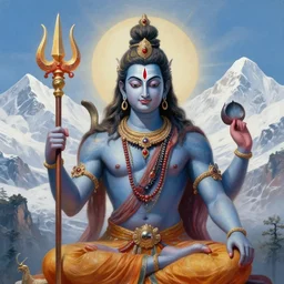 an extremely detailed painting of lord shiva, holding his trident, moon in his crown, snowy himalayas in background, fantasy art, beautiful, widescreen, aesthetic