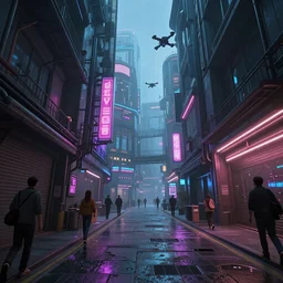 three point perspective close wide angle shot of a matte painting environment design of cyberpunk alley with neon lights, people on the streets being monitored by flying drones, artstation, ultra realistic, volumetric lighting, 4k, octane render