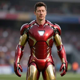 robert lewandowski photorealistic face in ironman suit marvel superhero, 4 k, detailed, pic, full body elegant, ultra detailed, metallic armor, octane render, depth of field