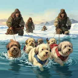havanese dogs dragging arctic explorers by their clothes from the water, 1 9 0 0, tartakovsky, atey ghailan, goro fujita, studio ghibli, rim light, scary, afternoon lighting, clear focus, very coherent