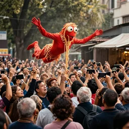 crowd of people worshipping the flying spaghetti monster