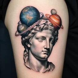 planets on the top of a broken renaissance head statue, realism tattoo design, in the style of rob richardson