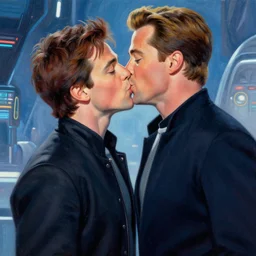 : ZACHARY QUINTO SPOCK kissing CHRIS PINE KIRK + FUTURISTIC + HYPERDETAILED + 2022 award winning painting + Ross tran + artgerm + makoto shinkai + UPSCALED