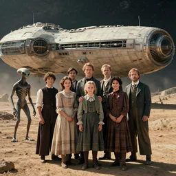 sharp, still from a sci fi blockbuster color movie made in 2022, set in 1860, of a family standing in front of a spaceship that has just landed on an alien planet, a humanoid alien creature stands nearby, the family are all wearing 1850s era clothes, cinematic lighting, cinematic camera, 4k, in focus, extremely good quality lighting, good quality photography, A list cast, famous actors, famous actresses, oscar winner