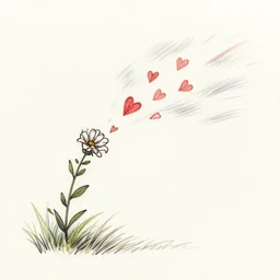 A drawing of wind blowing a gentle flower with hearts. Some hearts are flying away from the plant in the background with the wind
