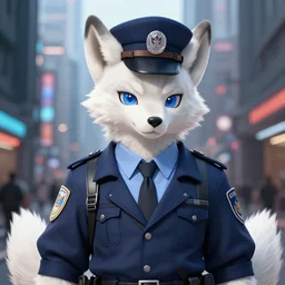 beautiful furry art portrait commission of a male furry albino wolf fursona wearing a detective outfit in the streets of a cyberpunk city at night in the snow. neon signs. character design by charlie bowater, ross tran, artgerm, and makoto shinkai, detailed, inked, western comic book art
