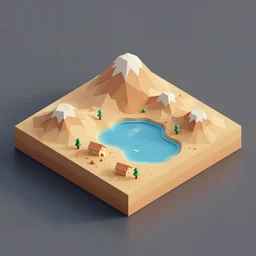 isometric 3d Render of island with desert and lake, on the island there is mountains with sand, water, and house, centered, medium poly, blender eevee render