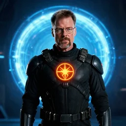 film still of Walter White as Gordan Freeman wearing a black HEV suit with a glowing orange black mesa logo in front with a glowing blue portal in the background in the Half Life Movie, 4k