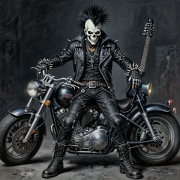 a portrait of the grim reaper as a punk rocker, punk, skeleton face, mohawk, dark, fantasy, leather jackets, spiked collars, spiked wristbands, piercings, boots, guitars, motorcycles, ultrafine detailed painting by frank frazetta and vito acconci and takeshi obata, detailed painting