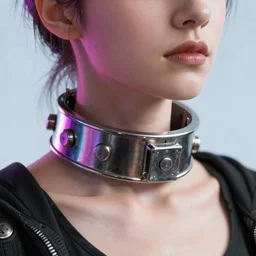 detailed realistic female character cyberpunk wearing thick steel collar around neck, realistic, art, beautiful, 4K, collar, choker, collar around neck, punk, artstation, (detailed), female, woman, choker, cyberpunk, neon, punk, collar, choker, collar around neck, thick collar, tight around neck, punk,