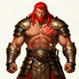 bulky muscular scottish warrior with red hair and a kilt, tribal blood red war paintings on his chest, bronze plate armor, in the style of otomo katsuhiro, artgerm