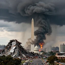 tornado destroy washington dc, damaged and destroyed buildings, fallen washington monument, ashes, fire, smoke columns, tornadoes, storm, hyperdetailed, artstation, cgsociety, 8 k