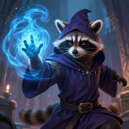 closeup, highly detailed digital illustration portrait of hooded priest sorcerer druid necromancer sly cooper rocket the raccoon casting a magical energy sparkling swirling blue glowing spell in an ancient castle, action pose, d & d, magic the gathering, by rhads, frank frazetta, lois van baarle, jean - baptiste monge, disney, pixar,