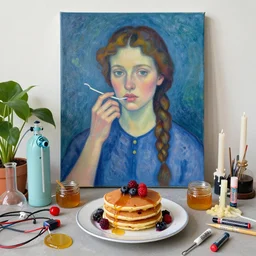 self - portrait of a female art student, surgical equipment, fresh fruit, berry stains, pancakes, honey, berries, electrical wires, battery, oxygen tank, scientific glassware, houseplant, art supplies, candles dripping wax, neoimpressionist, surrealism, acrylic and spray paint and oilstick on canvas