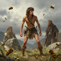 a skinny weak male hunter from Stone Age, trying to survive surrounded by bees Greg Rutkowski and Raymond Swanland, Trending on Artstation, cloudy background, ultra realistic digital art