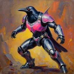 armored neon raven. game informer ( 1 9 8 9 ). dynamic action pose. oil on canvas by ralph mcquarrie