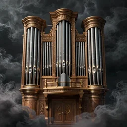 pipe organ album art, hyper realistic, fantasy art, in the style of vincent di fate and alan lee, intricate, hyper detailed, dark smoke, dramatic lighting