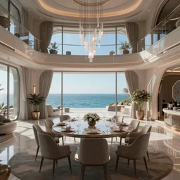 concept art for a video game, inside of a futuristic but classy mansion, dining table, sea in the horizon