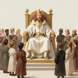 a fantasy painting of a crowd around a king sitting on a throne by Dawid Planeta
