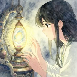 spirit guide from atlantis gazing into a magical apparatus. watercolor by award - winning mangaka, backlighting, intricate details, muted pastel palette, depth of field.