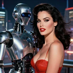 closeup beautiful retro space dita von teese megan fox posing with a chrome robot in dieselpunk city at night, pinup, windblown dark hair, seductive, hyper detailed, digital art, smooth, sharp focus, gil elvgren, luis royo, alberto vargas, 1 9 5 0, when mars attacks