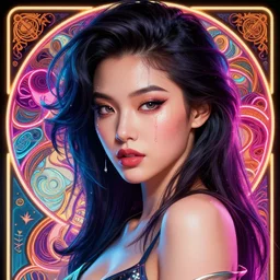 neon, academic female pose from artstation, most beautiful asian face, fibonacci, sweat drops, insane, pinup, intricate, highly detailed, digital painting, artstation, concept art, smooth, sharp focus, illustration, Unreal Engine 5, 8K, art by artgerm and greg rutkowski and alphonse mucha