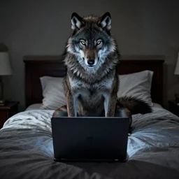 a werewolf sitting on top of a bed with a laptop, a screenshot by Gregory Crewdson, cgsociety, video art, horror film, movie still