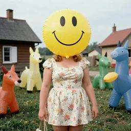 1976 glamorous chubby woman wearing an inflatable smiley head, wearing a dress, in a small village full of inflatable animals, 1976 French film archival footage technicolor film expired film 16mm Fellini new wave John Waters Russ Meyer movie still