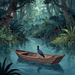rare bird in a boat floating on a river in the jungle. digital drawing, ultra detailed, cool color palette, wes anderson, amelie poulain, tim burton, tomm moore, guido crepax