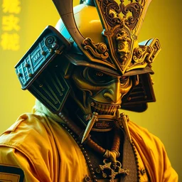old samurai, cyberpunk, vibrant yellow colors, surreal, french baroque style by alexander mcqueen, hyper detailed, cinematic, photograph