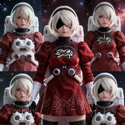Detailed Assemblage of a hopeful pretty astronaut lady with a wavy blonde hair, 4k resolution, nier:automata inspired, bravely default inspired, vibrant but dreary but upflifting red, black and white color scheme!!! ((Space nebula background))