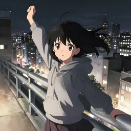 anime visual, portrait of a young black haired girl wearing hoodie sightseeing above the urban city, guardrail, cute face by yoh yoshinari, katsura masakazu, dramatic lighting, dynamic pose, dynamic perspective, strong silhouette, ilya kuvshinov, anime cels, 1 8 mm lens, fstop of 8, moody, detailed