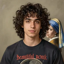 “beautiful punk rock young man with long curly dark hair and beautiful brown eyes wearing a rock tee shirt, as painted by rembrandt and vermeer”