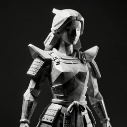digital samurai beautiful statue hard edges hard light stylistic made from plastic black and white photo