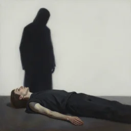 Realistic oil painting of the shadow figure which look at the figure of the dead body in the infinite baroque cloth folds, long shot with dramatic volumetric lighting in the style of Michelangelo da Caravaggio, masterpiece, 4k