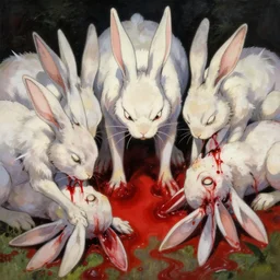 very aggressive bunnies thirsty for blood, beheaded bunnies, very red blood, grotesque, rabbit of caerbannog, makoto shinkai, emile eisman - semenowsky, edouard bisson, painting