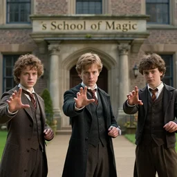 sharp, highly detailed, 7 0 mm still from a 2 0 1 9 sci fi color movie, set in 1 8 5 0 in an alternate universe, mid distant shot of three students practicing magic, outside the'school of magic ', 1 8 5 0 s era clothing, cinematic lighting, in focus, detailed faces, sharp lens, live action, award winning lighting, cinematic photography