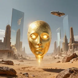 levitating glowing bene gesserit in full - face golden mask and glowing eyes in a dry rocky desert landscape, sunny atmosphere, fata morgana giant mirrors, portal, death stranding, abandoned city, spaceship in the sky by christopher doyle and alejandro jodorowsky, anamorphic lens, kodakchrome, cinematic composition, very detailed photo, complex structures, 8 k,