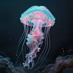 a dramatic photo of a jelly fish made of cotton candy. paint splashes. moody and melancholy. with a little bit of cyan and pink.