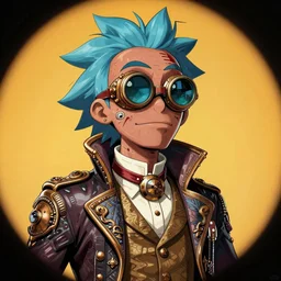 hyper detailed comic illustration of a steampunk Rick Sanchez wearing goggles and an intricate Victorian jacket, markings on his face, by Android Jones intricate details, vibrant, solid background, low angle fish eye lens