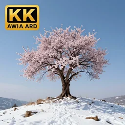 a blossom tree on the top of a snowy mountain, photography, award winning, 4 k