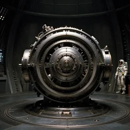 movie film still of a metallic device with concentric wheels, round room, spiked walls, dark, science fiction, spaceship, spacesuit, highly detailed, 4 k, by david fincher