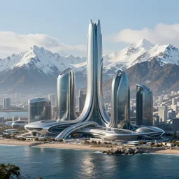 A coastal city near some snow-capped mountains, sci-fi, 8k photorealistic, close-up photo, futuristic architecture