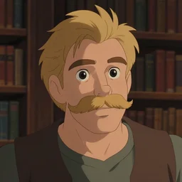 animation still frame of an athletic blond man with a blond mustache, high angle closeup portrait, blurry background of a library, disney, pixar, bloom, medium shot, dramatic lighting, in the style of studio ghibli, j. c. leyendecker, greg rutkowski, artgerm
