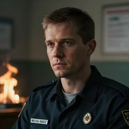 an ultra realistic, cinematic headshot portrait of a male prison guard, sat in an office, fire, dramatic, soft light, dreamy, facial features, detailed, deep focus, movie still, dramatic lighting, ray tracing, by michal karcz and yoshitaka