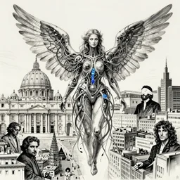 ai biomech, ethereal ultralight construct, quantum physics, angelic and unsettling, wires, veins, ferrofluid, bismuth, style blend of hideo kojima, shepard fairey, alex grey, and botticelli, city backdrop is a blend of the vatican, neo - andean, and brutalism, 4 k photorealistic, ultra fine inklines